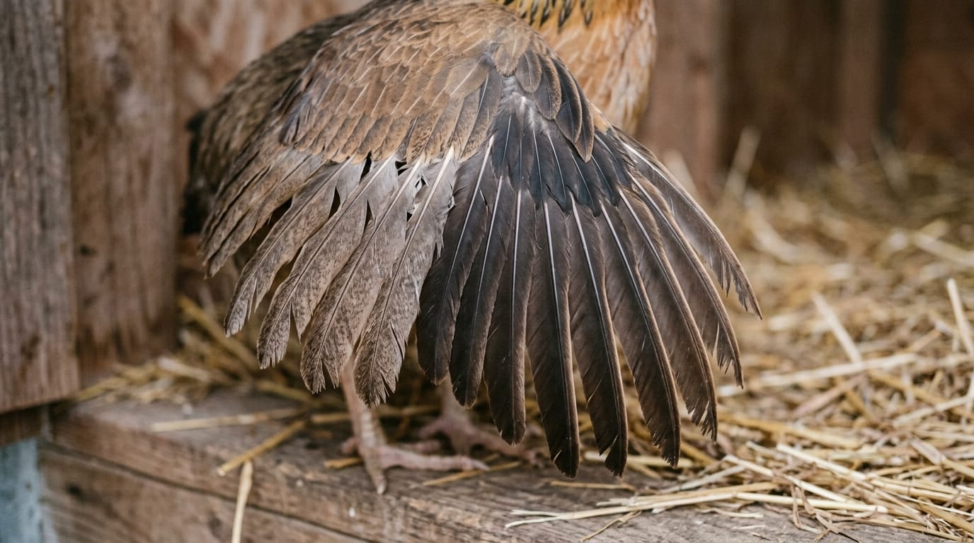 A chicken wing spread open showing old and newly regrown primary flight feathers