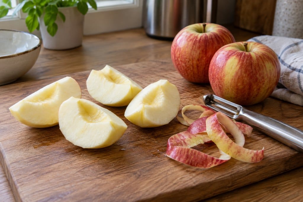 Peeled apple quarters, whole apples, and a peeler ready for making applesauce
canning applesauce