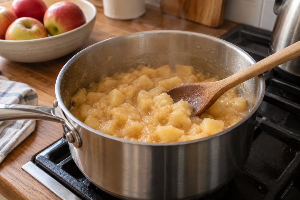 Apple pieces softening in a saucepan with a wooden spoon
