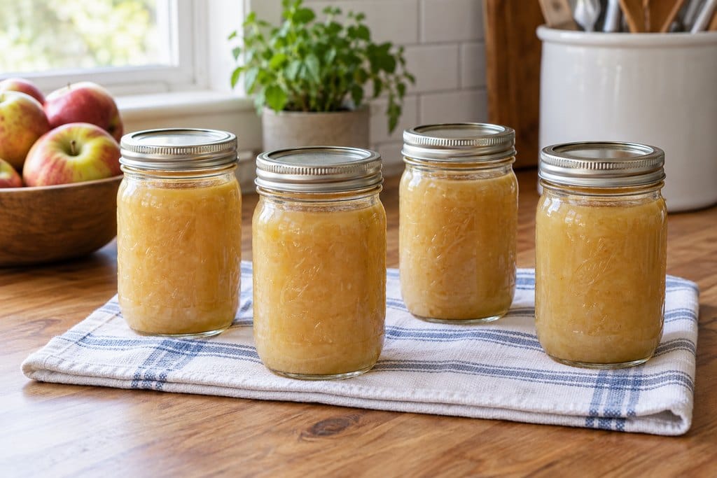 Upright jars of applesauce spaced apart on a towel to cool