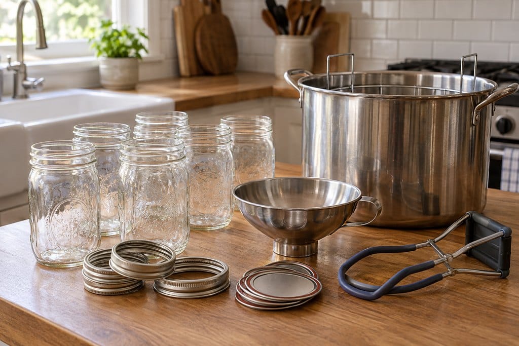 Water-bath canning equipment arranged with jars, lids, a funnel, and a rack