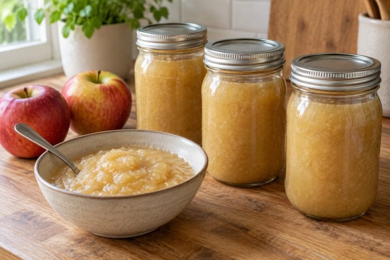 Jars of golden applesauce with a small serving bowl and fresh apples on a kitchen counter