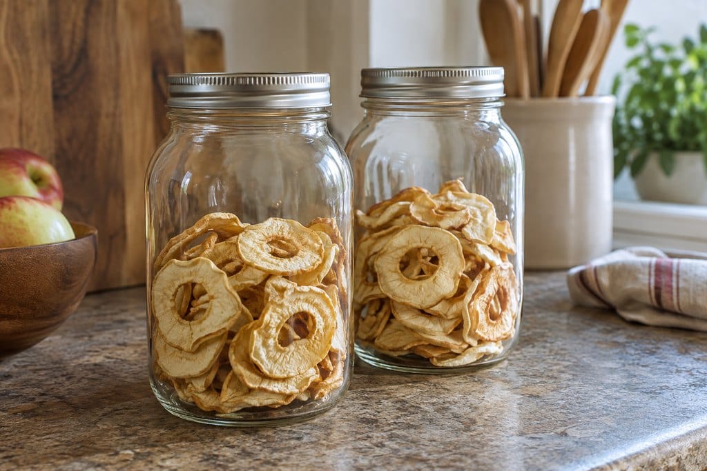 Loosely filled jars of dried apple rings with room for daily shaking during conditioning