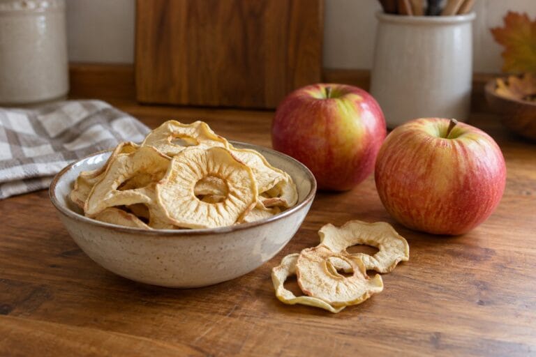 Dried apple rings in a ceramic bowl beside fresh apples on a wooden counter