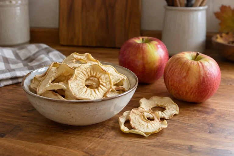Dried apple rings in a ceramic bowl beside fresh apples on a wooden counter