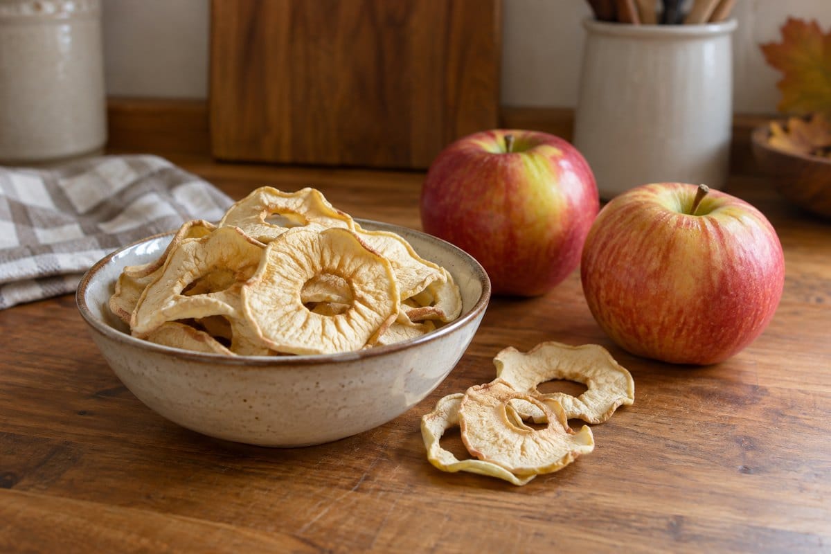 Dried apple rings in a ceramic bowl beside fresh apples on a wooden counter