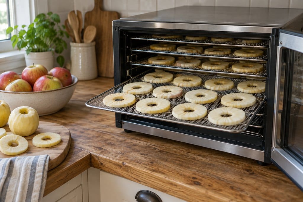 Apple rings spaced in single layers on mesh dehydrator trays before drying
dehydrating apples