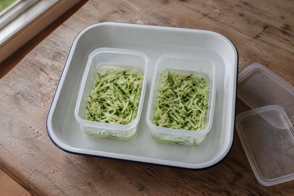 Containers of shredded zucchini cooling in a shallow pan of cold water