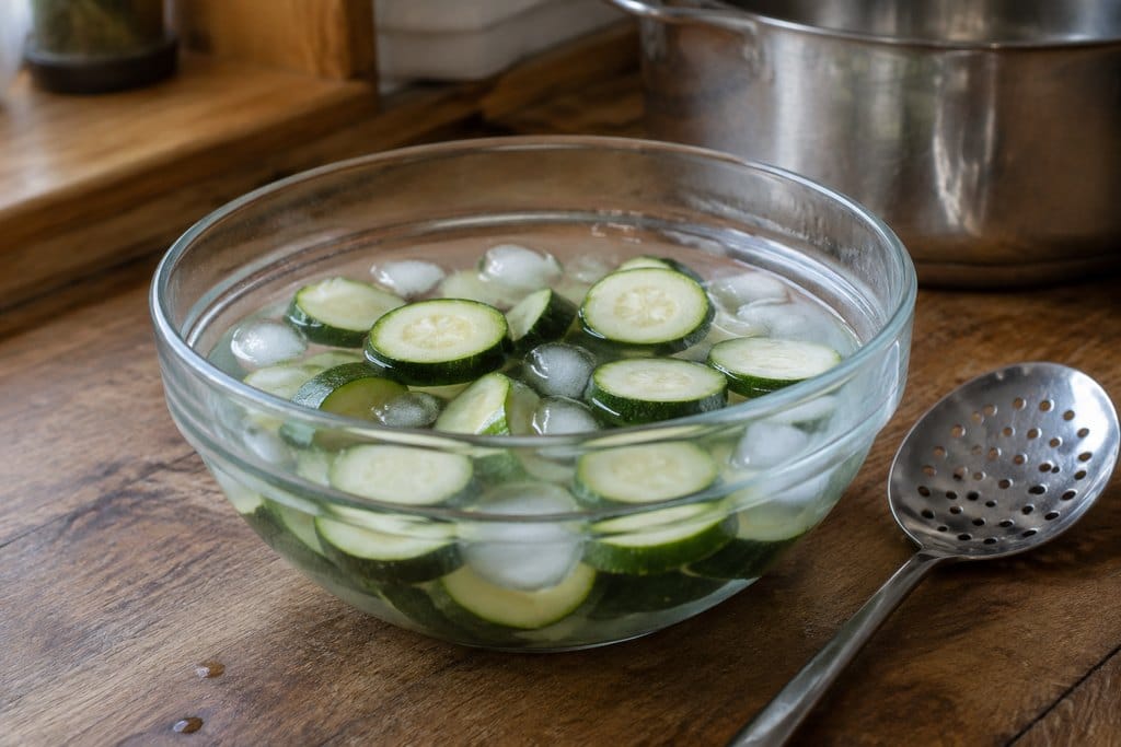 Zucchini rounds cooling in a bowl of ice water
