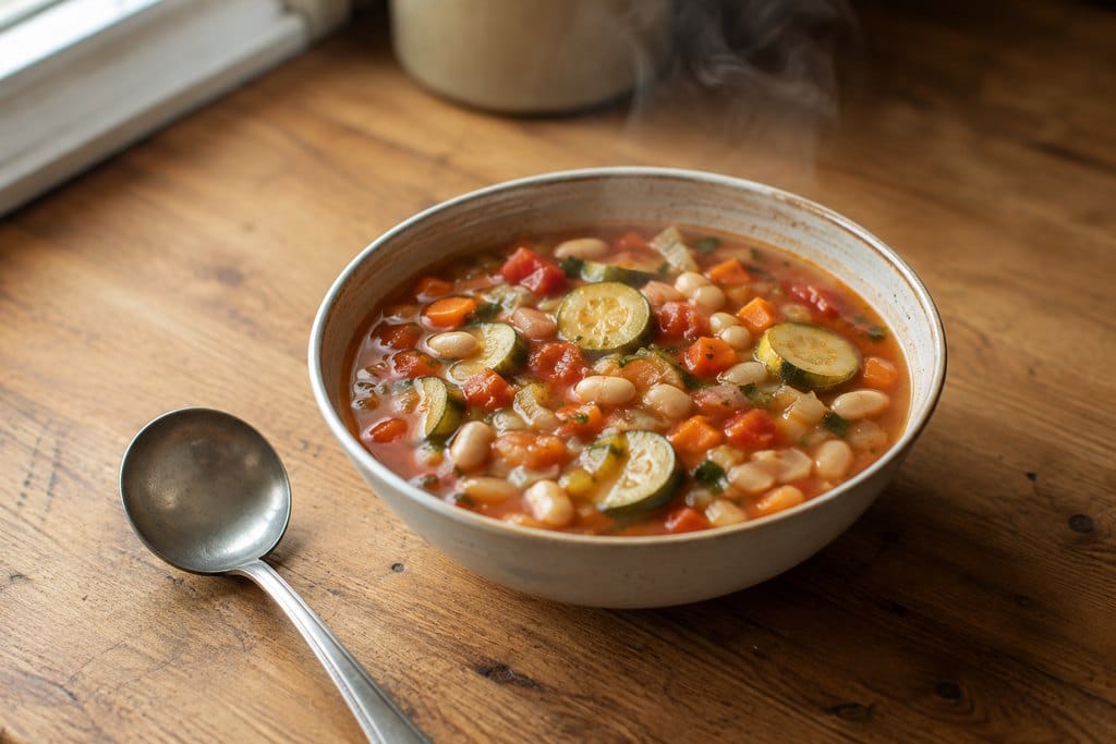 Zucchini rounds in a bowl of vegetable soup with white beans and carrots