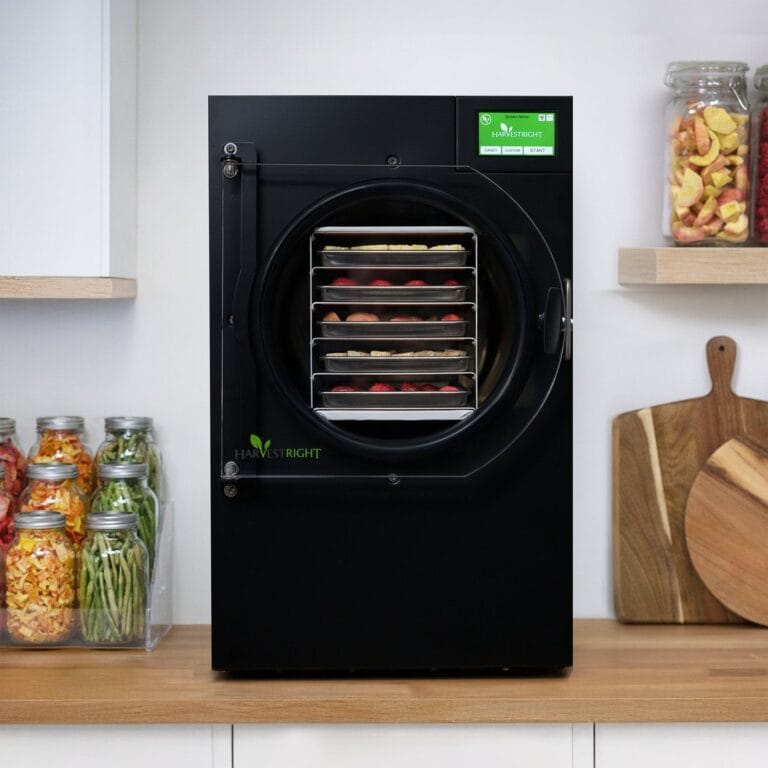 A Harvest Right home freeze dryer set up in a home kitchen