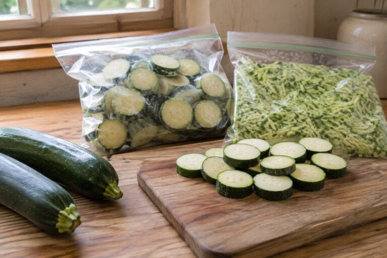 Fresh zucchini beside sliced and shredded portions in clear freezer bags