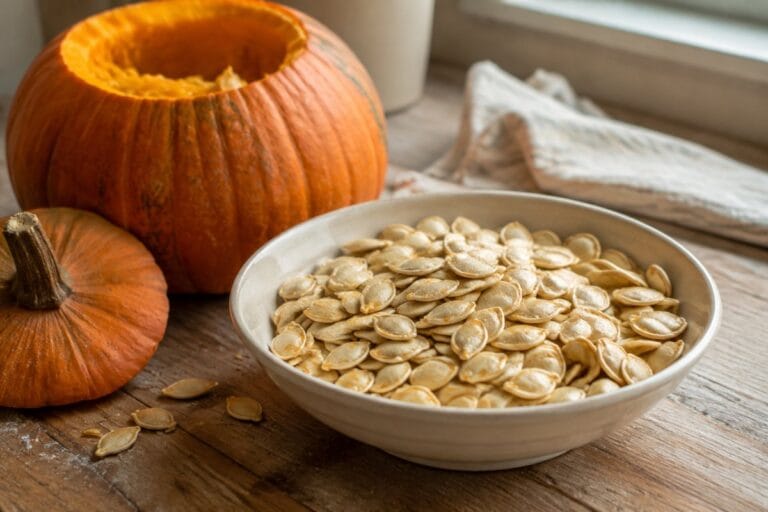 Golden roasted pumpkin seeds in a ceramic bowl on a wooden kitchen counter