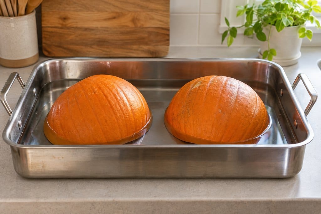 Pumpkin halves placed cut-side down in a deep baking pan with water before baking