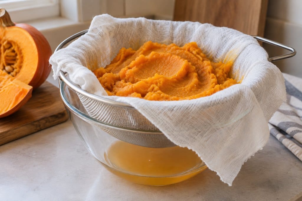 Pumpkin puree in a cloth-lined sieve above a bowl of drained liquid