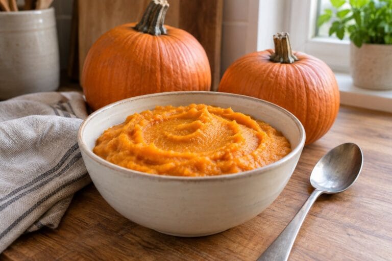 Plain pumpkin puree in a ceramic bowl beside two small cooking pumpkins