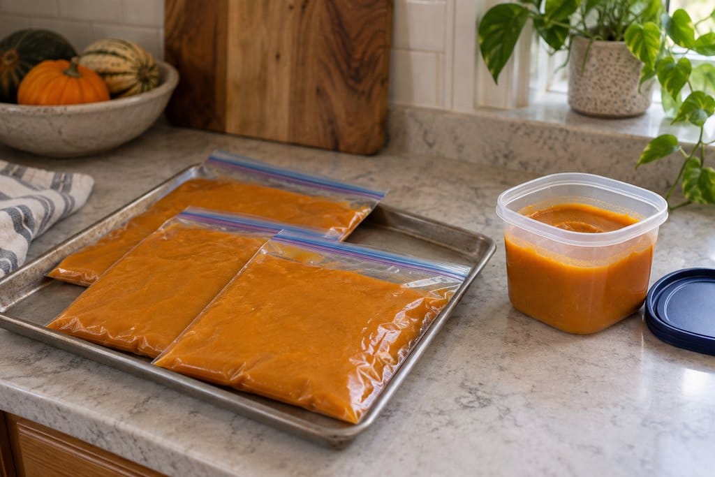 Pumpkin puree portioned into flat freezer bags and a container with expansion room