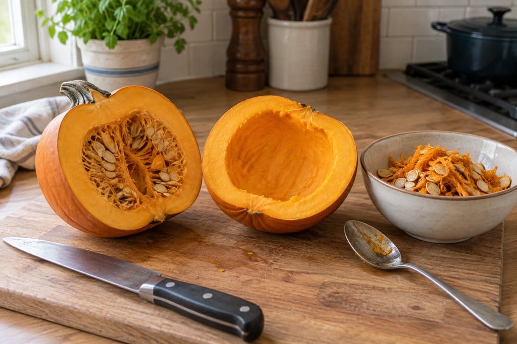 Pumpkin halves showing a seeded cavity and a scooped cavity beside the removed seeds
how to make pumpkin puree
