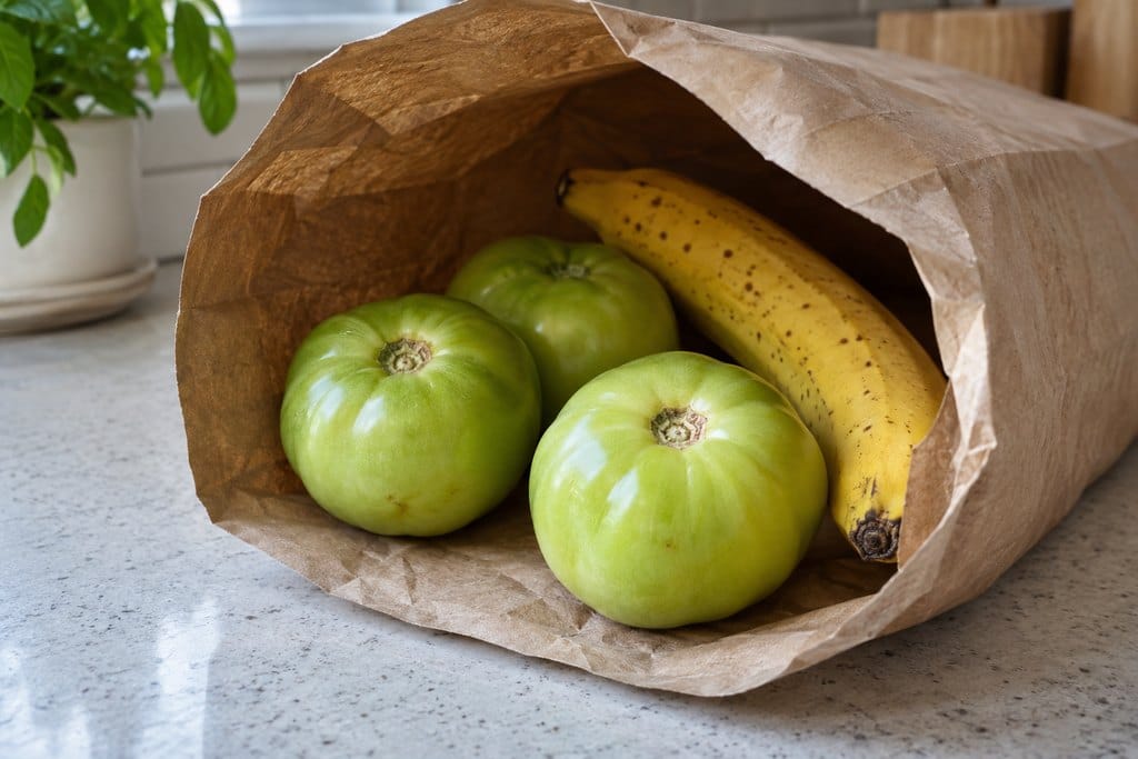 Green tomatoes and a ripe banana inside an open brown paper bag