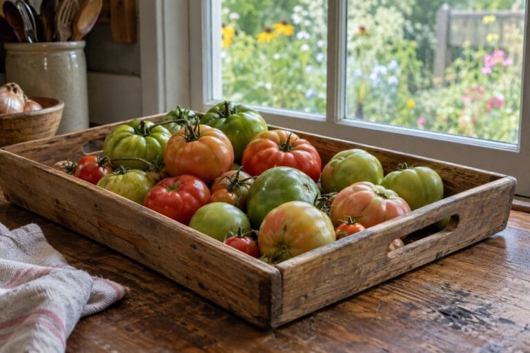A shallow harvest tray of green, blushing, and red tomatoes on a kitchen counter