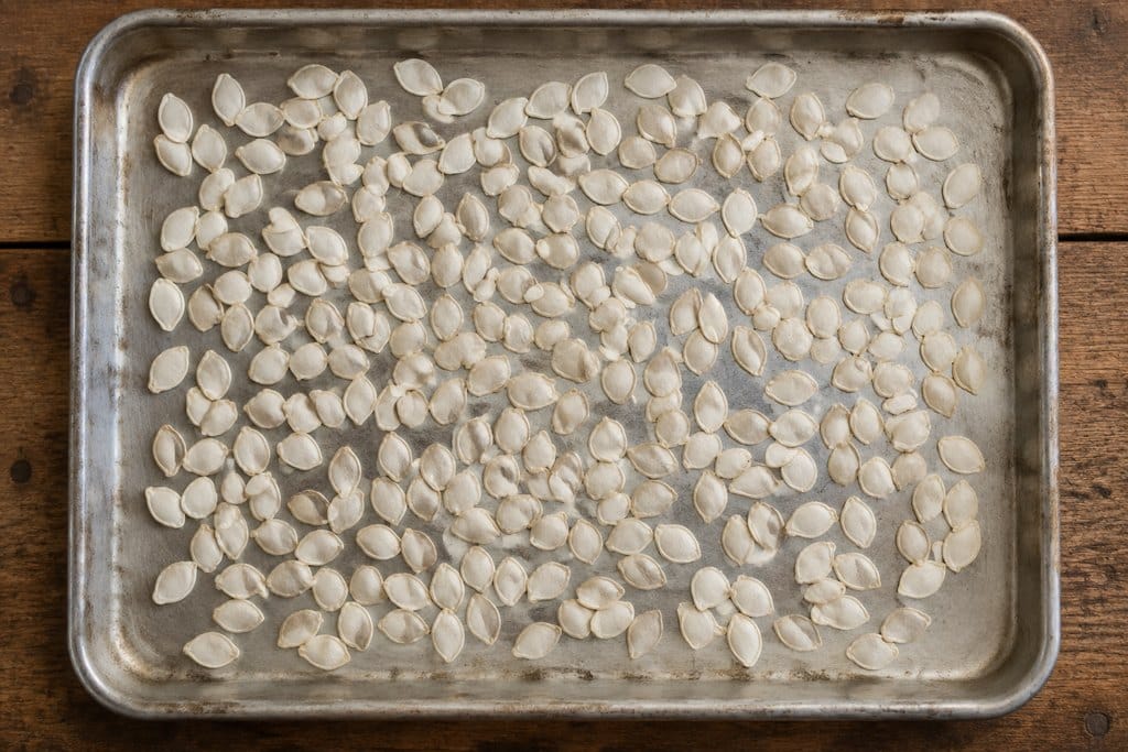 Clean pumpkin seeds spread in a single layer on a drying tray