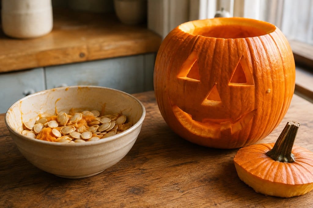 Freshly opened carving pumpkin with seeds and pulp on a kitchen worktop