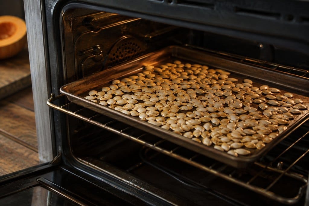 Lightly golden pumpkin seeds spread across a metal baking sheet
