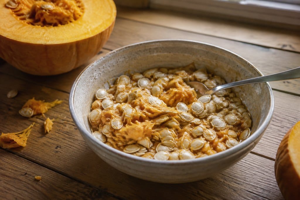 Fresh pumpkin seeds and orange pulp in a bowl beside an opened pumpkin