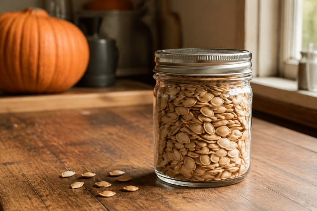 Roasted pumpkin seeds in a glass storage jar with a lid nearby
