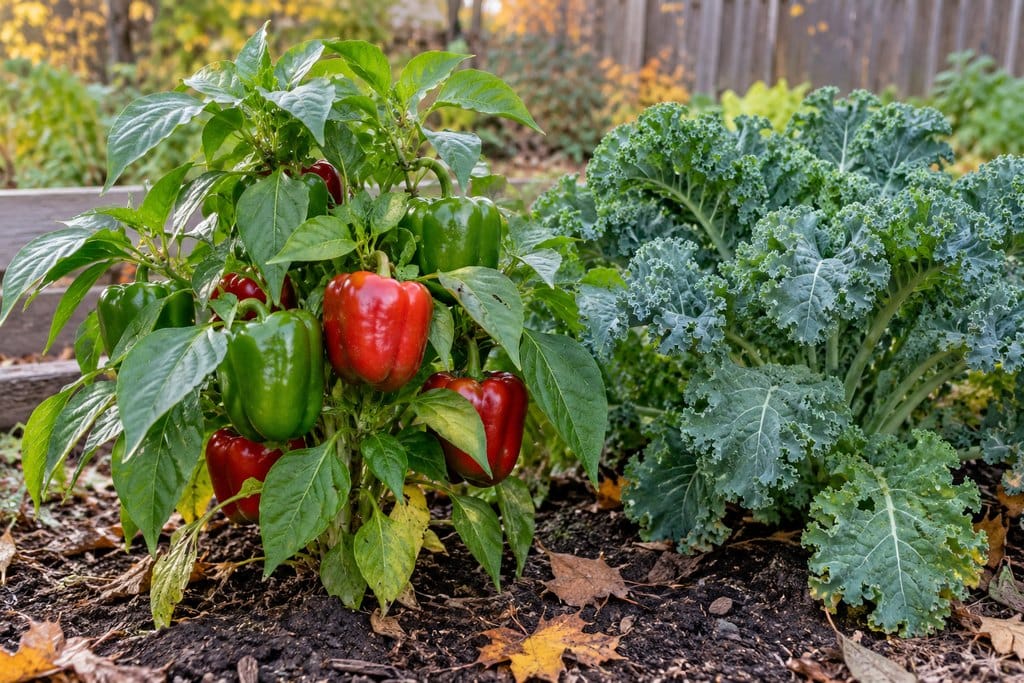 A pepper plant with green and red peppers grows beside curly kale in an autumn vegetable bed.
how to protect plants from frost