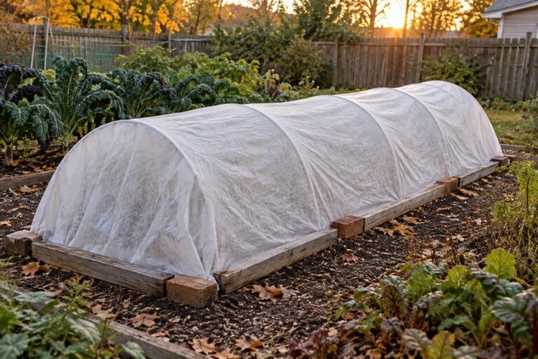 White frost cloth covers a low garden tunnel with boards and bricks holding its edges at ground level.
