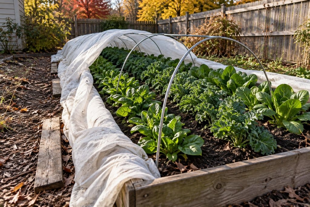 Frost cloth is pulled back from hoop supports to expose leafy vegetables in morning sunlight.