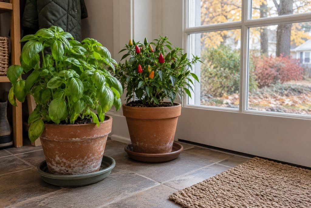 Potted basil and a compact pepper plant stand on trays indoors near a closed glass door.