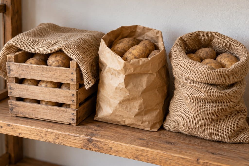 A slatted crate, open paper bag and burlap sack hold potatoes on a wooden shelf.