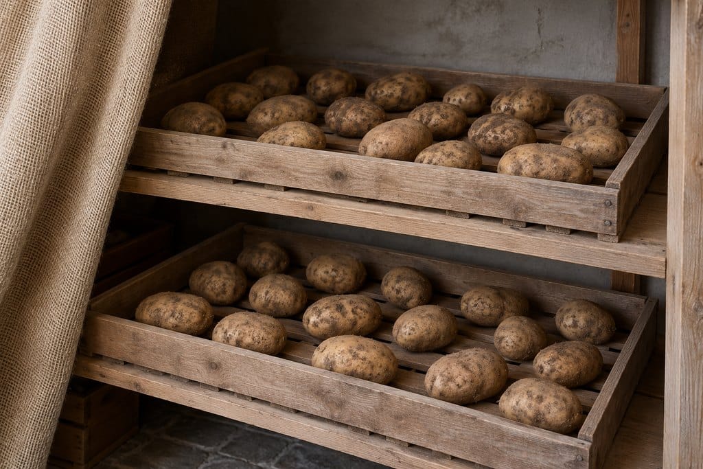Dry homegrown potatoes are spread in loose single layers on two shallow wooden trays in a shaded room.