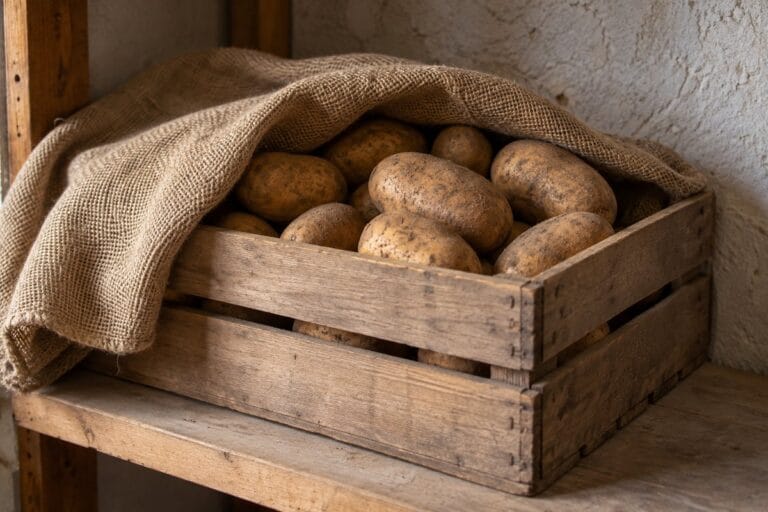 Firm brown potatoes in a slatted wooden crate partly covered with breathable burlap on a household shelf.