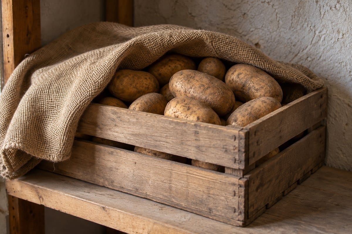 Firm brown potatoes in a slatted wooden crate partly covered with breathable burlap on a household shelf.