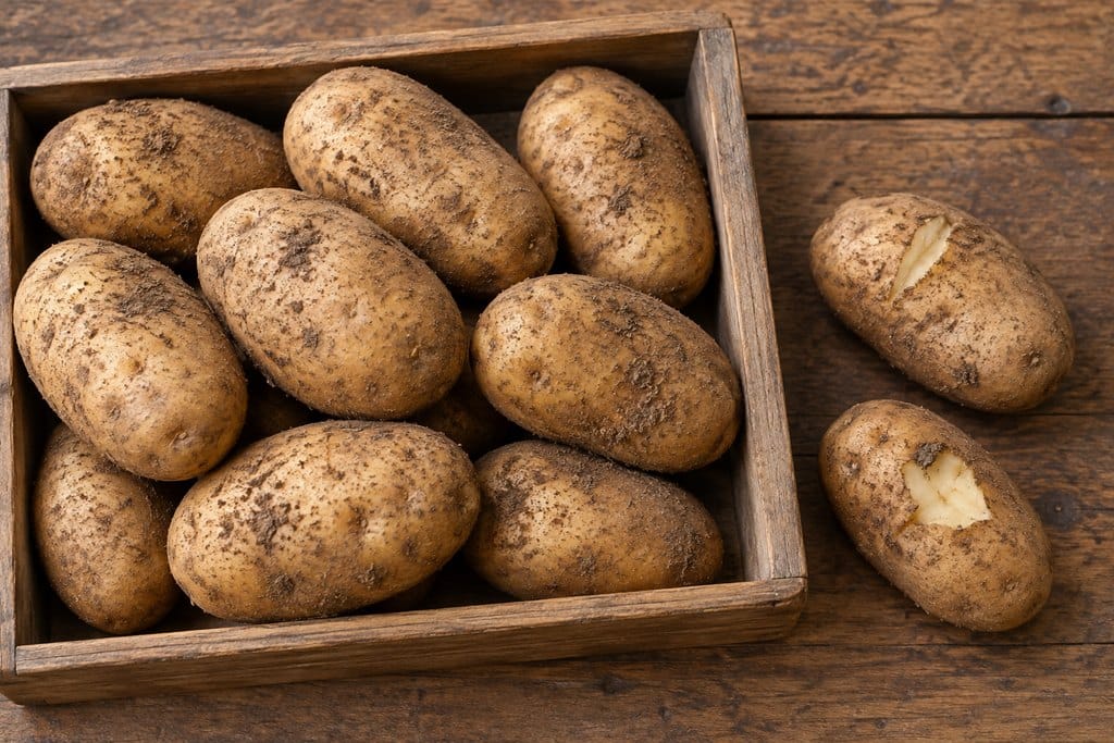 Intact potatoes sit in a shallow tray while two potatoes with harvest cuts are set aside on the wooden surface.