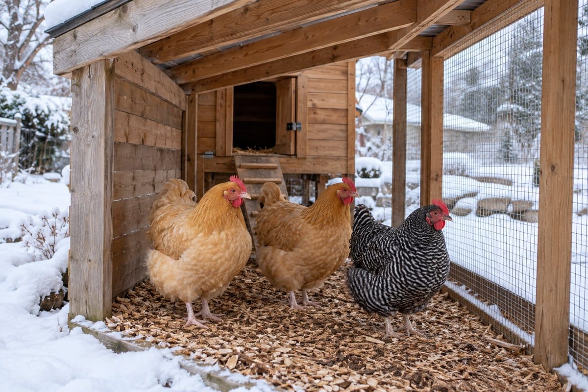 Three adult hens stand in a dry, roofed chicken run beside a wooden coop while snow covers the ground outside.