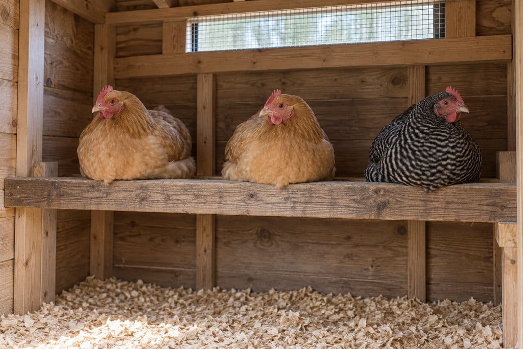 Fully feathered adult hens rest on a sturdy wooden roost below a screened high ventilation opening.