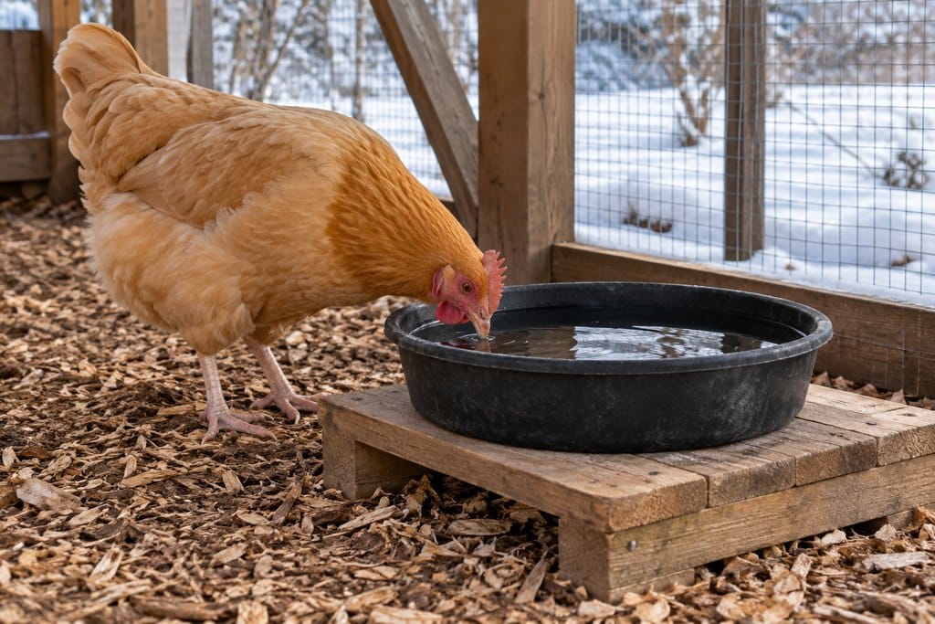 A low-sided rubber water bowl holds liquid water on a stable platform in a sheltered chicken run.